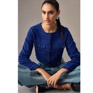 Anthropologie Maeve Cropped Tweed Blazer Blue Size Medium Like New